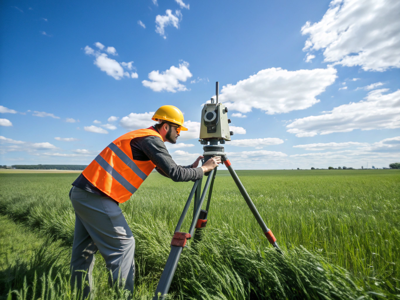Cadastral surveyor setting boundary iron pin markers on property boundary