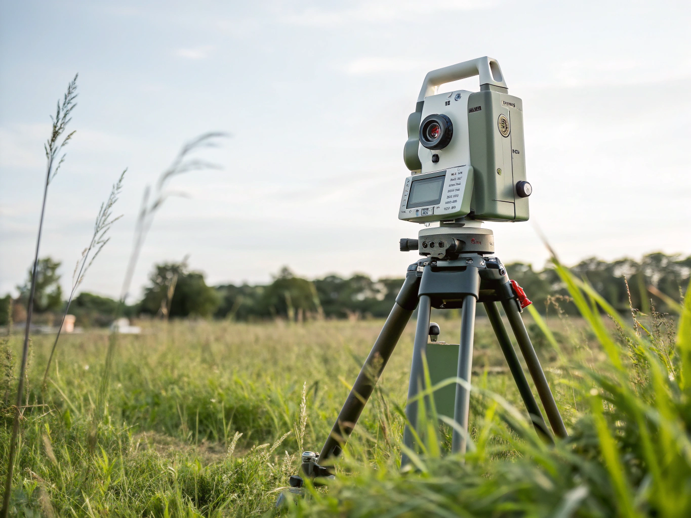 Total station survey instrument on tripod set up on terrain in Trinidad